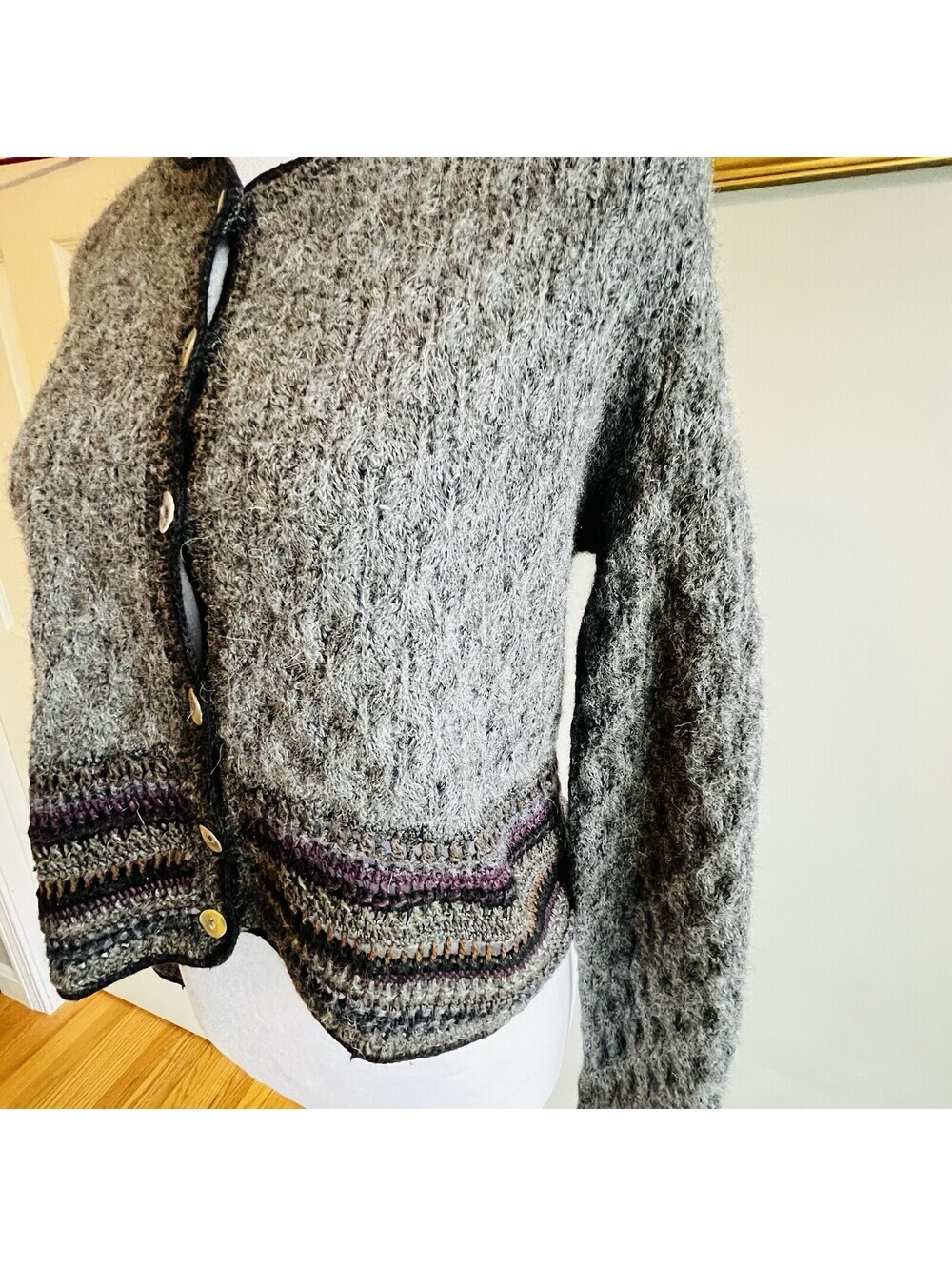 Peruvian Connection Alpaca Pima Cotton Wool Cardigan Womens XS Grey Purple - Picture 9 of 11